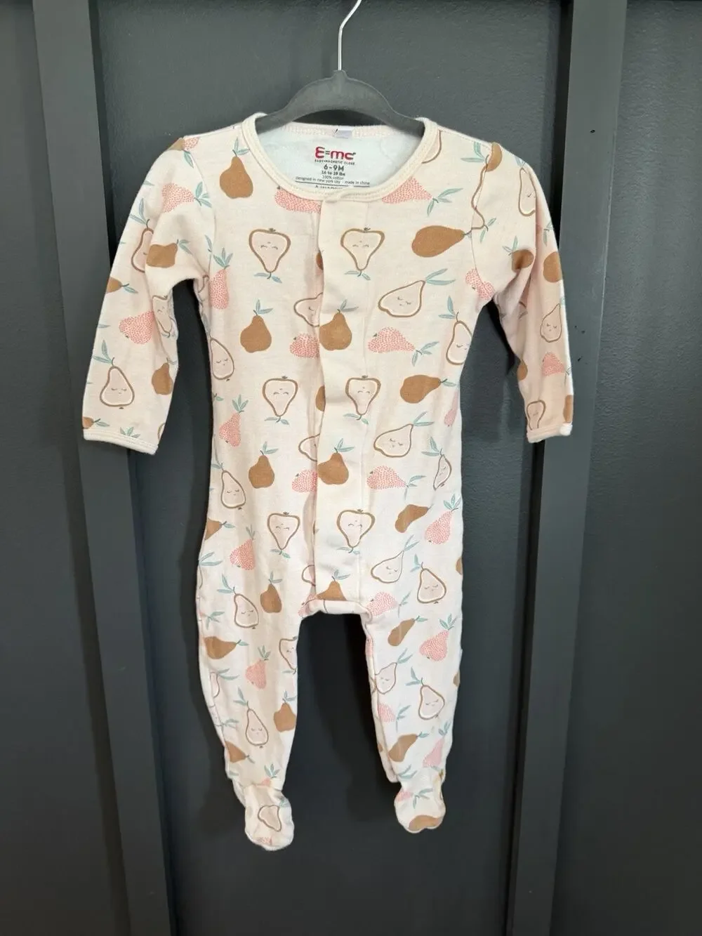 Easy=Magnetic Close Baby Pajamas 6-9 Months Pink Pears Cotton Magnet Girl E=mc